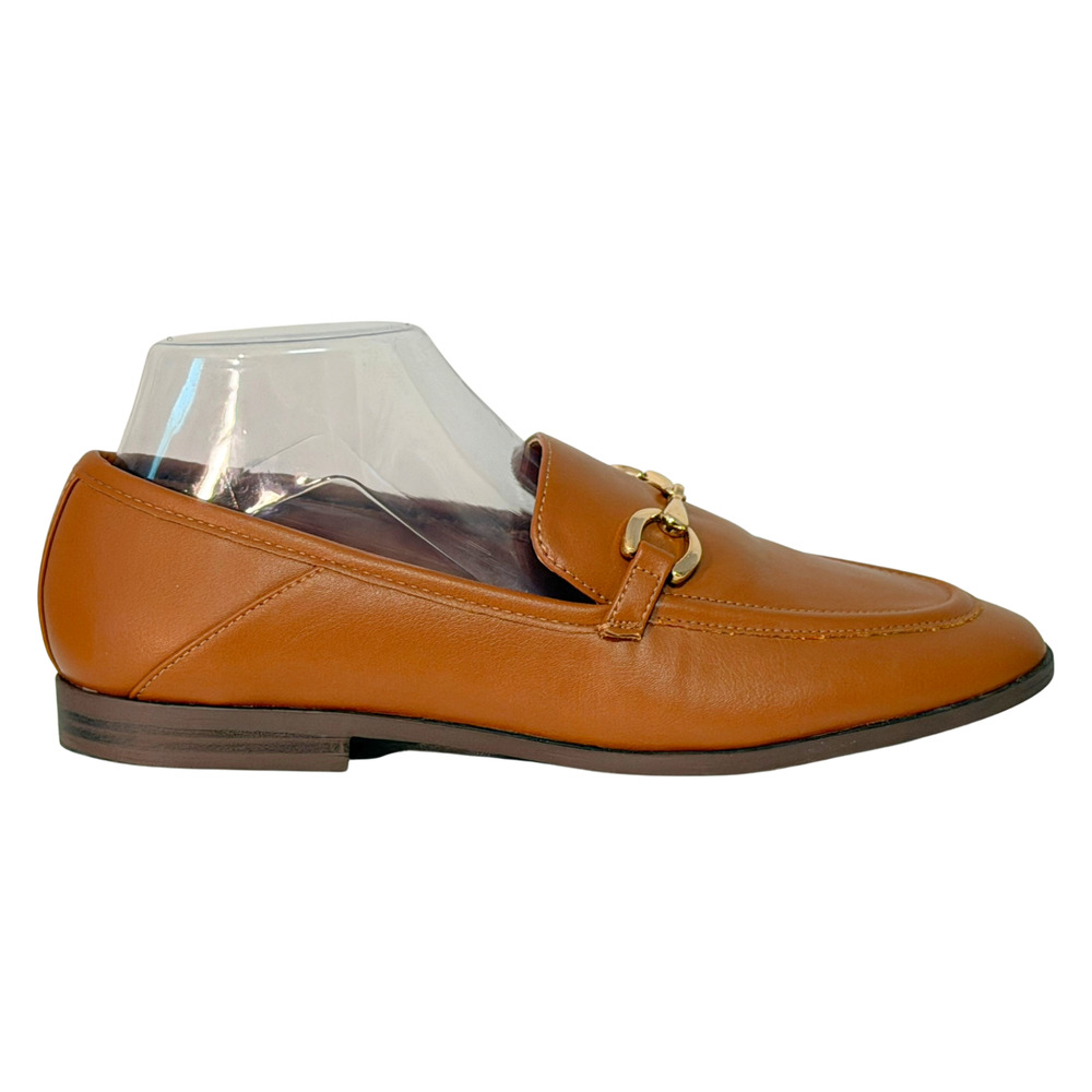 LOFT Sz 9 Gold Horse Bit Detail Loafers Slip-On Shoes Faux Leather Tan Neutral - Picture 3 of 8